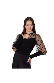 Claudia, leotard for girls with sheer dotted sleeves