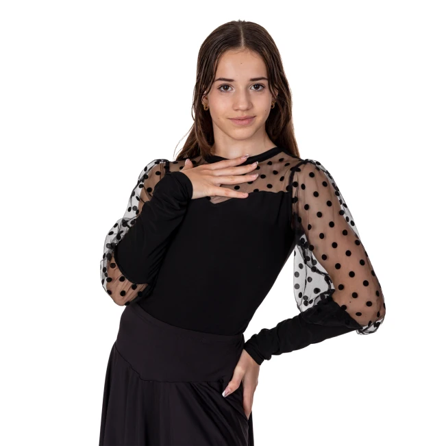Claudia, Leotard with Sheer Polka Dot Sleeves for Ladies Claudia, Leotard with Sheer Polka Dot Sleeves for Ladies