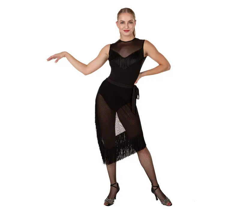 Emrata mesh, asymmetrical tasseled skirt - Black