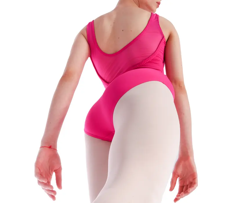 Mirella Miami v neck low back, women's wide straps leotard - Fuchsia